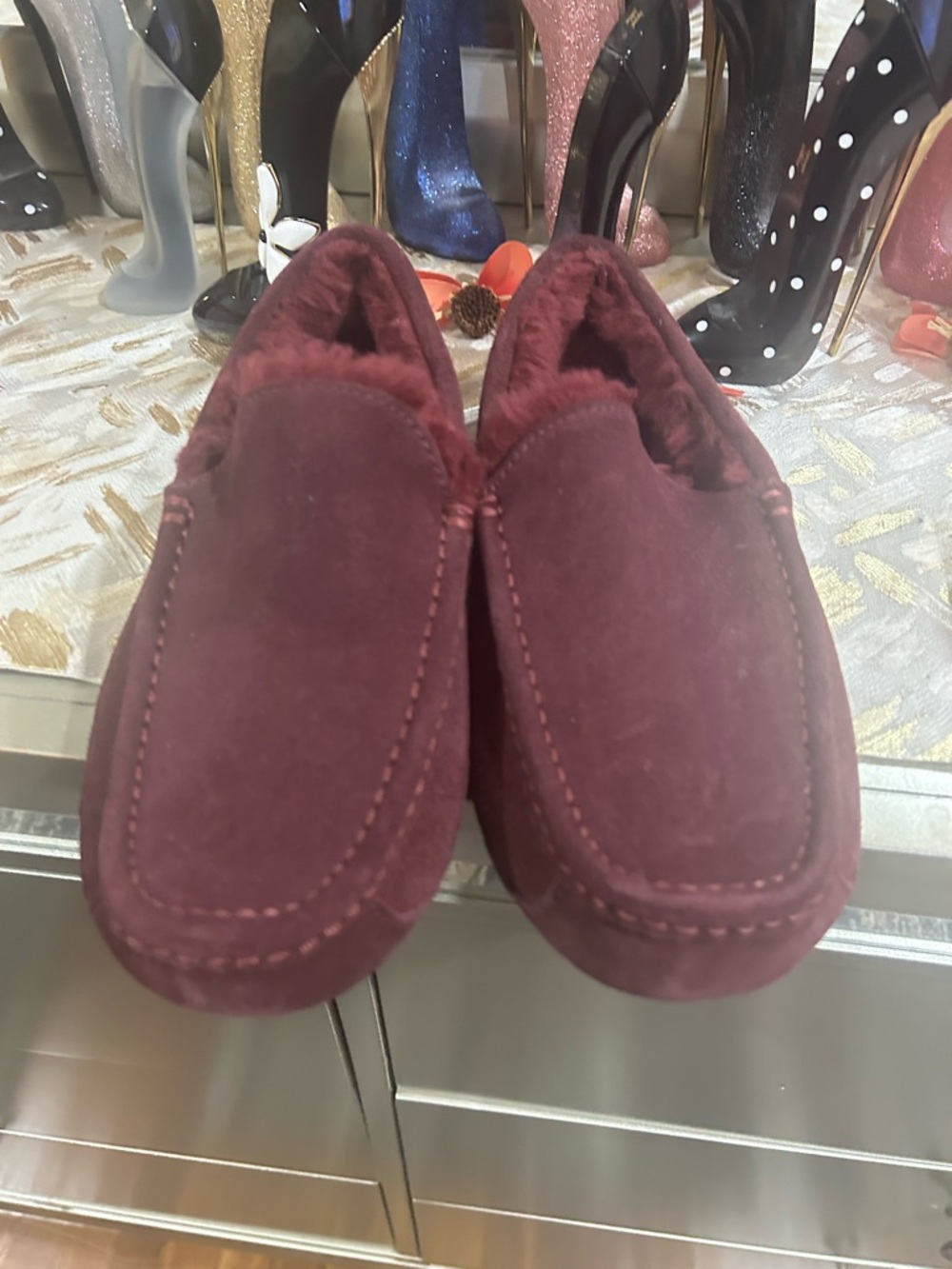 UGG Plum Suede Shearling Lined Slip-On Moccasin Slippers